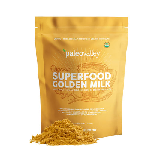 Paleovalley Organic Superfood Golden Milk - Immune, Focus, Cognitive, Longevity - Turmeric, MCT-Rich Coconut Milk, Functional Mushrooms, 30 Servings - NutriGlobal