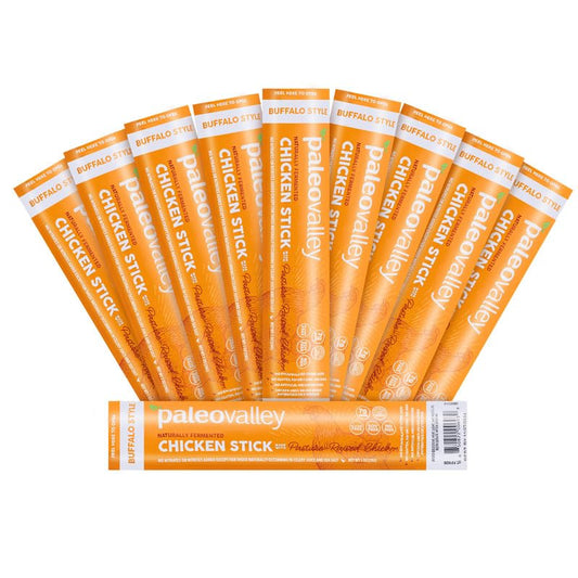 Paleovalley Pasture-Raised Chicken Sticks – 10 Pack – 7g Protein per Stick – Keto-Friendly, Paleo, Gluten-Free, Nitrate-Free – On-the-Go Snack (10 Pack, Buffalo) - NutriGlobal