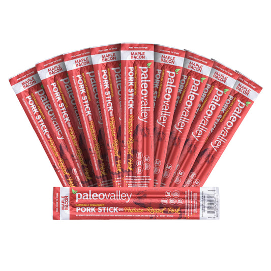 Paleovalley Pasture-Raised Pork Sticks - Maple Bacon Flavor Meat Sticks Individually Wrapped, 28g - 10 Sticks - Gluten-Free Protein Snack - NutriGlobal