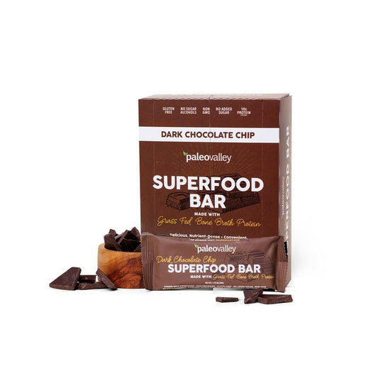 Paleovalley Superfood Bars – Dark Chocolate Chip– 10 Pack – 9g Protein per Bar – Gluten-Free, Grain-Free, Paleo, Non-GMO – On-the-Go Snack - NutriGlobal