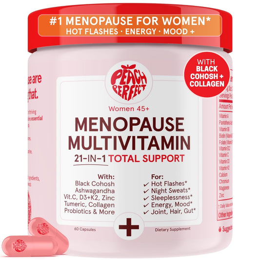 Peach Perfect Menopause Multivitamin | 21 Vitamins for Women 45+ | Black Cohosh, Ashwagandha, Vitamin D3+K2, Probiotics & Collagen | Support for Hot Flashes, Mood Swings, Joint & Skin Health | 30 SVG - NutriGlobal