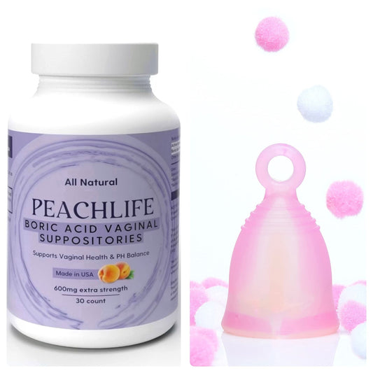 Peachlife Boric Acid Suppositories and Small Soft Menstrual Cup with Ring Pull - NutriGlobal
