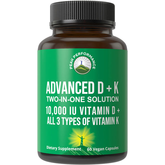 Peak Performance Advanced Vitamin D 10000 IU with All 3 Types of Vitamin K - 10,000 Vitamin D3 and Vitamin K2, K1, MK-7 (MK7), MK4 Capsules Supplement - 60 Small and Easy to Swallow Pills - NutriGlobal
