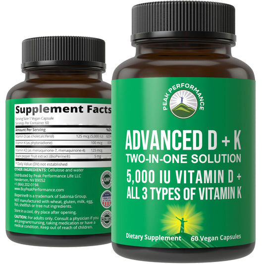 Peak Performance Advanced Vitamin D 5000 IU with All 3 Types of Vitamin K Vitamin D3 and Vitamin K2, K1, MK-7 (MK7), MK4 Supplement - NutriGlobal