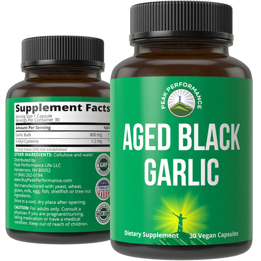 Peak Performance Aged Black Garlic Capsules. Raw Vegan Pure Odorless Extract Supplement Pills for Cholesterol, and Immune Support. from Garlic Bulb with S-Allyl Cysteine and Antioxidants - NutriGlobal