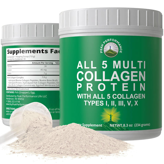Peak Performance All 5 Multi-Collagen Protein Powder Peptides Multi-Collagen Contains All Types I, II, III,V, X. Keto, Paleo Friendly with Hydrolyzed Bovine, Marine, Chicken, Bone Broth Collagens - NutriGlobal