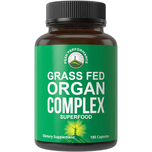 Peak Performance Grass Fed Beef Organ Complex from New Zealand (180 Capsules) Desiccated Organs Superfood Pills. GrassFed Beef Liver Capsules with Heart, Kidney, Pancreas, Spleen. Supplement - NutriGlobal