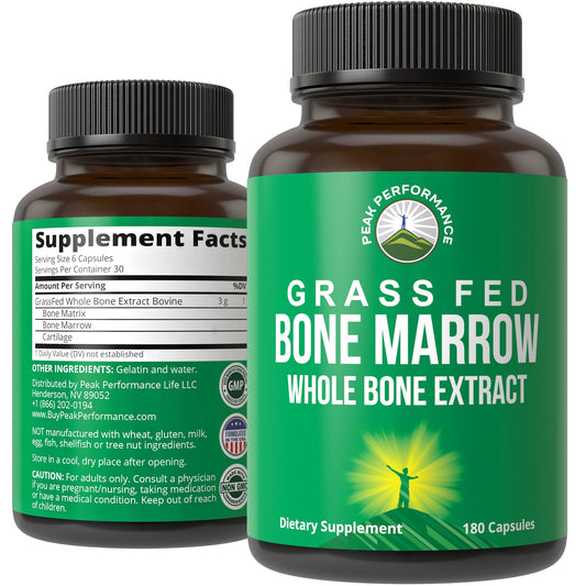 Peak Performance Grass Fed Bone Marrow - Whole Bone Extract Supplement 180 Capsules. Superfood Pills Rich in Collagen, Vitamins, and Amino Acids. from Matrix, Marrow, Cartilage. Ancestral Tablets - NutriGlobal