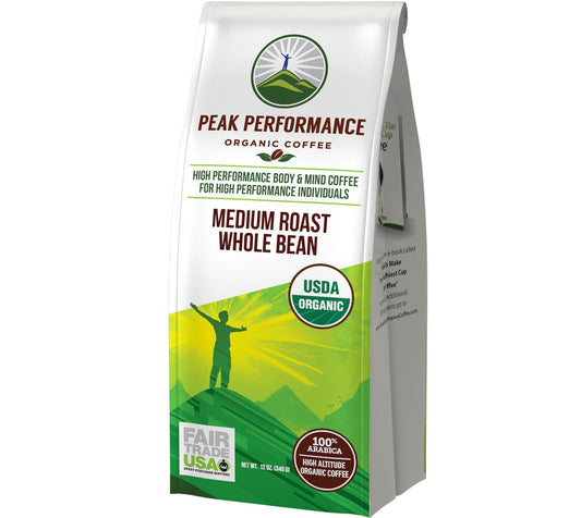 Peak Performance High Altitude Organic Coffee - Fair Trade, Low Acid, Non GMO, and Beans Full of Antioxidants - Medium Roast Smooth Tasting USDA Certified Organic Whole Bean Coffee Bag 12 oz - NutriGlobal