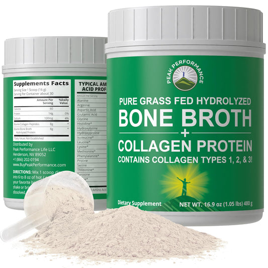 Peak Performance Hydrolyzed Bone Broth and Collagen Unflavored Protein Peptides Powder Contains All Collagen Types: 1, 2, and 3. Pure Pasture, Raised Grass Fed, Paleo Friendly, Gluten + Dairy Free - NutriGlobal