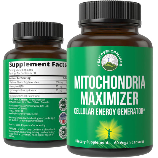 Peak Performance Mitochondria Maximizer with CoQ10 and Active PQQ. Best Mitochondrial Support Supplement with MCT Oil. Natural Cellular Generator for Clean, Energy Support. 60 Vegetarian Capsules - NutriGlobal