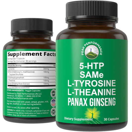 Peak Performance Mood Support Supplement with 5 Top Ingredients: 5HTP, SAM e, L Tyrosine, L Theanine, and Panax Ginseng. Calm, Focus, Relaxation Supplements. Vegan - NutriGlobal