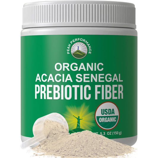 Peak Performance Organic Acacia Senegal Prebiotic Fiber Powder. Unflavored USDA Organic Plant Based Soluble Vegan Prebiotics Gut Health Supplement with Digestive Enzymes - NutriGlobal