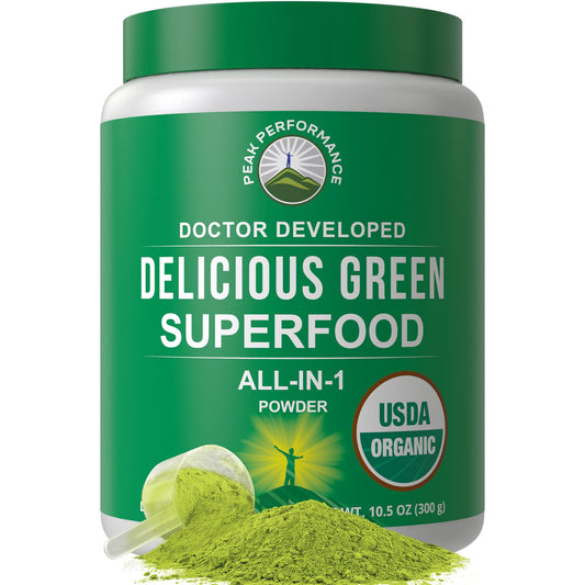 Peak Performance Organic Greens Superfood Powder. Best Tasting Super Greens Powder with 25+ Organic Ingredients for Max Energy and Athletic Performance. Vegan Keto Green Juice Daily Drink - NutriGlobal