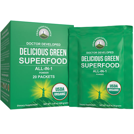 Peak Performance Organic Greens Superfood Powder Single Serve Travel Packets. Best Tasting Organic Green Juice Super Food with 25+ All Natural Ingredients for Max Energy. (20 Pack) - NutriGlobal