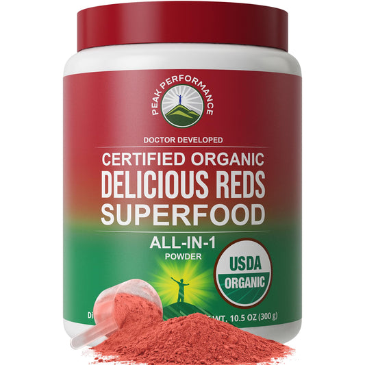 Peak Performance Organic Reds Superfood Powder, Best Tasting Organic Red Juice Super Food w/ 25+ All Natural Ingredients & Polyphenols, Vital for Max Energy and Detox. Raspberry, Elderberry, Beetroot - NutriGlobal