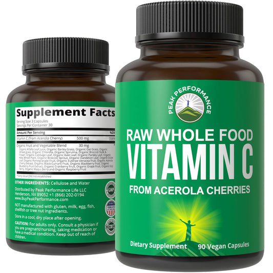 Peak Performance Raw Whole Food Natural Vitamin C Capsules from Acerola Cherry for Max Absorption. Vegan USA Sourced Vitamin C Supplement 90 Pills. 500 mg Serving or 2 Servings 1000mg - NutriGlobal