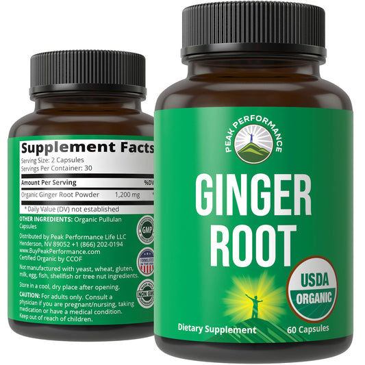Peak Performance USDA Organic Ginger Root Capsules. Vegan Ginger Pills Supplement for Women & Men to Support Digestion, Occasional Nausea Relief, Gas & Bloat Support, and Gentle Stomach Comfort - NutriGlobal