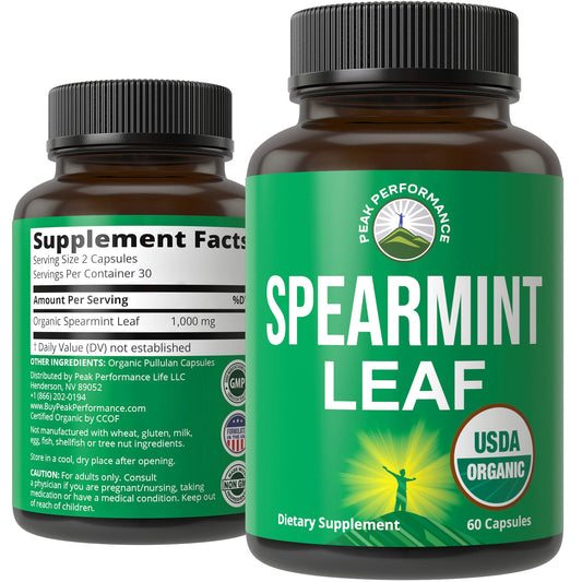 Peak Performance USDA Organic Spearmint Capsules. Organic Vegan Spearmint Leaf Pills for Digestive Support, Ingestion, and More. USA Tested Supplement for Women and Men. - NutriGlobal