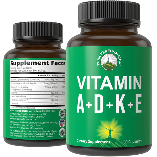 Peak Performance Vitamins D 5,000 iu + A + K + E All in 1 Easy to Swallow Vegan Capsule. ADK Vitamin Supplement with E D3 K2. Essential Vitamins for Mood - NutriGlobal