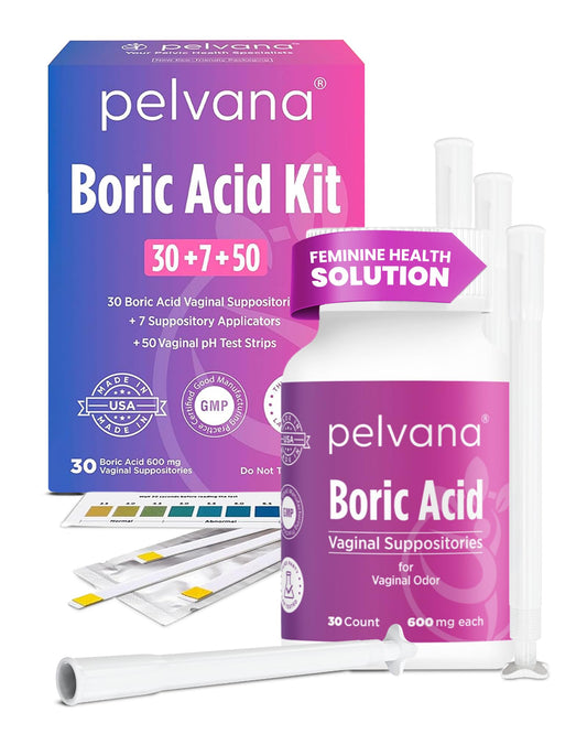 Pelvana Boric Acid Suppositories for Women 30 + 7 Applicators + 50 pH Test Strips, Total of 87 Piece Kit for Vaginal Odor - Third-Party Verified & Bottled in The USA - Feminine Health Odor Solution - NutriGlobal