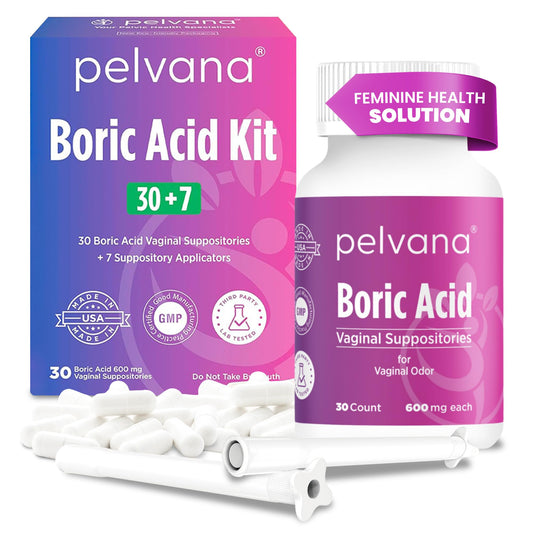 Pelvana Boric Acid Suppositories for Women - 30 Count + 7 Applicators - 600mg Boric Acid Capsules for Vaginal Odor Use - NutriGlobal