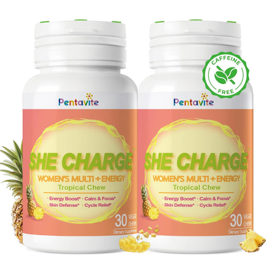 Pentavite She Charge Multivitamin for Women, Pineapple Tropical Chew, Daily Vitamin Supplements with Folate, Support Energy, Calm & Focus, Skin Defense and Cycle - NutriGlobal