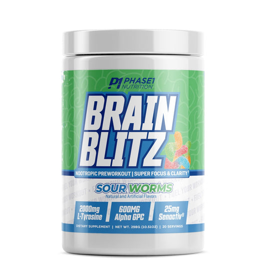 Phase 1 Nutrition Brain Blitz, Sour Worms - Nootropic Preworkout with Beta Alanine - NutriGlobal