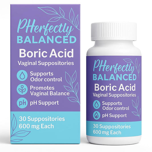 Pherfectly Balanced Boric Acid Vaginal Suppositories, 600mg, pH Support for Feminine Balance, Odor Control, 30 Count - NutriGlobal