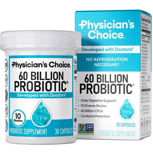 Physician's CHOICE Probiotics 60 Billion CFU - 10 Strains + Organic Prebiotics - Immune, Digestive & Gut Health - Supports Occasional Constipation, Diarrhea, Gas & Bloating - for Women & Men - 30ct - NutriGlobal