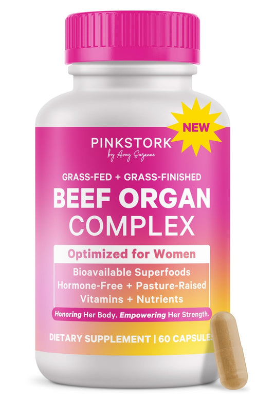 Pink Stork Beef Organ Supplement for Women | Grass-Fed Beef Liver Capsules with Iron, B12, CoQ10, Vitamin A | Primal Multivitamin for Female Hormone + Energy Support | 60 Capsules - NutriGlobal