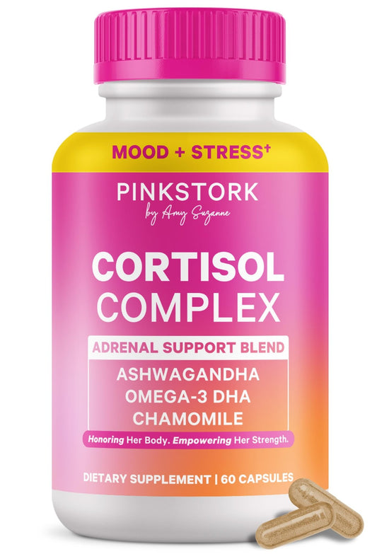 Pink Stork Cortisol Supplements for Women - Adaptogenic Adrenal Support & Hormone Balance with Organic Ashwagandha, Omega 3 DHA, Saffron, Multivitamins - Mood Support - 60 Count - NutriGlobal