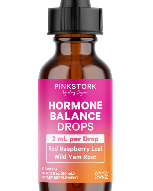 Pink Stork Hormone Balance Drops for Women - Supports Hormonal Health, PMS, Perimenopause & Mood, with Red Raspberry Leaf & Wild Yam - Liquid Supplement - Vegan, 2oz, 30 Servings - NutriGlobal