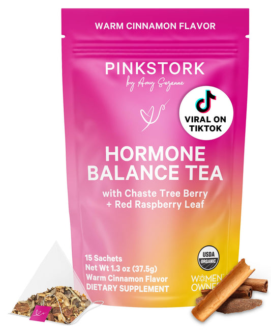 Pink Stork Hormone Balance Tea for Women – Red Raspberry Leaf & Chasteberry (Vitex) – Organic Herbal Tea for PMS, Menstrual Cycle & Perimenopause Support – Caffeine-Free Cinnamon Blend – 30 Cups - NutriGlobal