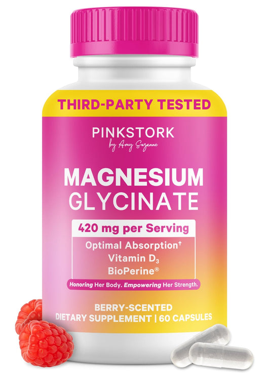 Pink Stork Magnesium Glycinate with Vitamin D - Magnesium Supplement for Women to Support Natural Calm, Mood, and Sleep - Hormone Balance for Women - 60 Capsules, Berry Essence, 1 Month Supply - NutriGlobal