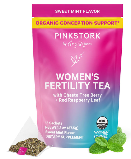 Pink Stork Organic Fertility Tea for Women | Fertility Supplements for Women with Chaste Tree Berry (Vitex) + Red Raspberry Leaf | Hormone Balance Herbal Tea for Conception Support | USDA Organic, Caffeine Free - Sweet Mint, 15 Sachets - NutriGlobal