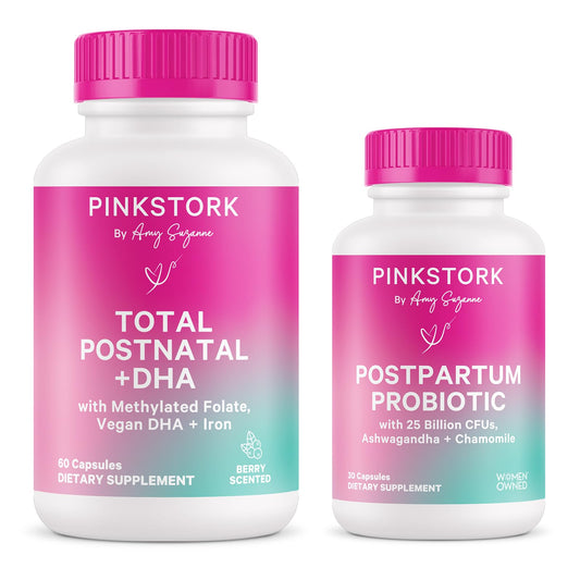 Pink Stork Postnatal Multivitamin + Probiotics with Vegan DHA, Ashwagandha, Iron, Folate, B12 - Supports Hormone Balance, Postpartum Recovery, Gut Health, & Digestion - Pack of 2 - NutriGlobal