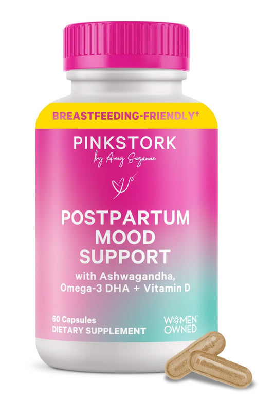 Pink Stork Postpartum Mood Support - Postnatal Hormone Balance for Women - Breastfeeding Friendly - Stress & Cognitive Support, New Mom Essentials - Ashwagandha, Chamomile, & Vitamin D, 60 Capsules - NutriGlobal
