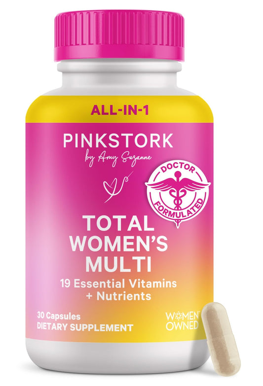 Pink Stork Total Women's Multivitamin - 19 Essential Vitamins for Women & Nutrients – Energy, Metabolism, Hormone, Immune & Mood Support – B6, B12, Biotin, Iron & Zinc – 30 Capsules - NutriGlobal