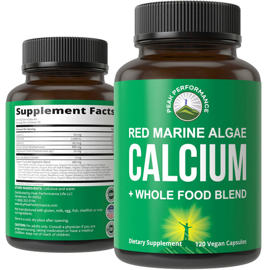 Plant Based Calcium - Red Marine Algae Calcium Supplement with Vitamin C, D3, K, Magnesium, and Whole Food Vegetable Blend. Vegan Capsules for Bones and Joints. 120 Pills, Tablets - NutriGlobal