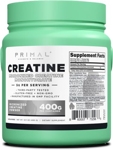 Primal Creatine Monohydrate Powder (400 Grams) | Unflavored Micronized Creatine - NutriGlobal