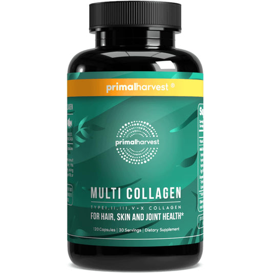 Primal Harvest Multi Collagen Pills for Women and Men (Type I, II, III, V, X) 120 Capsules w/Vitamin C for Hair, Skin, Nails - NutriGlobal