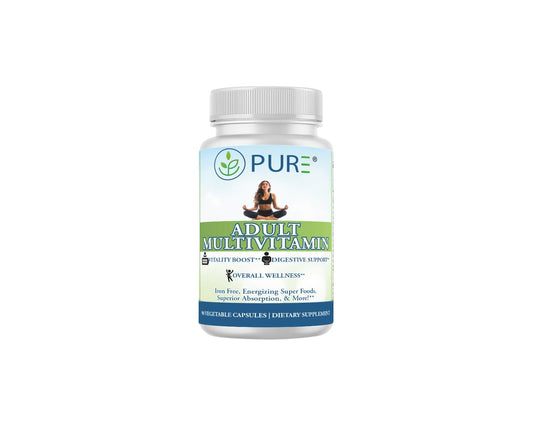 PURE Adult Multivitamin with Vitamins A, C, D3, B12, Minerals, Digestive Enzymes, 90 Capsules, 30 Servings - NutriGlobal