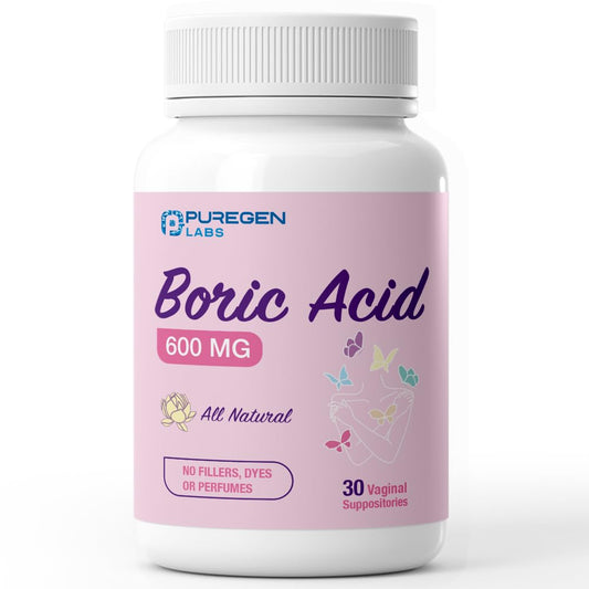 Puregen Labs Boric Acid 600 mg Vaginal Suppositories - 100% Pure | All Natural Without Dyes or Fillers | Made in USA - Supports Vaginal pH Balance and Odor Control (30 Count) - NutriGlobal