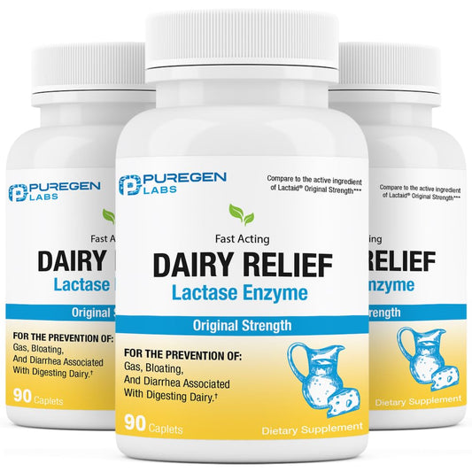 Puregen Labs Dairy Relief Natural Fast Acting Lactase Enzyme 3000 FCC, Lactose Intoleran - NutriGlobal