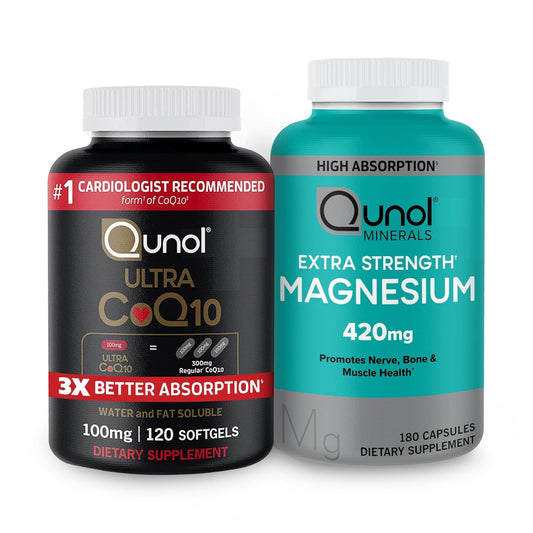 Qunol CoQ10 100mg Softgels, 3X Better Absorption 4 Month Supply + 120 Count Magnesium - NutriGlobal