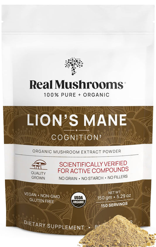 Real Mushrooms Lion’s Mane Powder - Organic Lions Mane Mushroom Extract - NutriGlobal