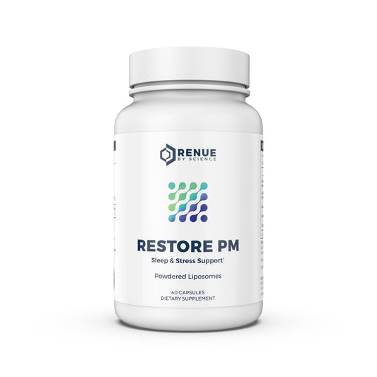 Renue By Science Restore PM | Liposomal Melatonin GABA Supplements | 60 Capsules with Melatonin (3.5mg) 5HTP (100mg) Glutathione (65mg) Apigenin (75mg) GABA (150mg) - Non-GMO | Made in The USA - NutriGlobal