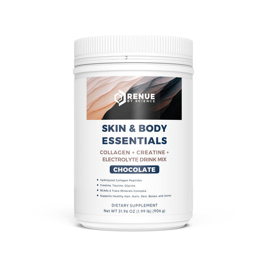 Renue By Science Skin & Body Essentials | Collagen Peptides Electrolytes Creatine & BCAA Powder | Collagen (12g) Creatine Monohydrate (4g) per Serving with Taurine & Glycine | Made in USA - Chocolate - NutriGlobal