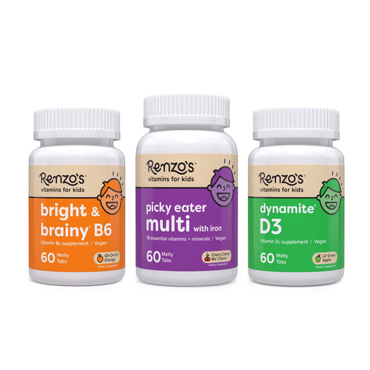 Renzo's Vitamins Adventurous Kid Bundle - Picky Eater Kids Multivitamin, Vitamin D3 for Kids, and Bright & Brainy Vitamin B6 - NutriGlobal